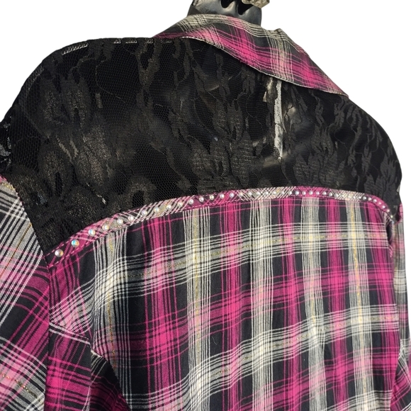 Adiktd Women's Plaid Pearl Snap Western Lace Trimmed Embellished Rodeo Shirt L - Picture 5 of 12